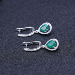 Natural Green Agate Fashion Soleste Halo Pear Shape Sterling Silver Drop Earrings for Women