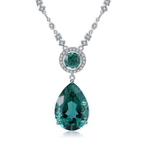 European Personality Fashion Luxury Design Inlaid Green Crystal Pear Drop Pendant Silver Necklace for Women