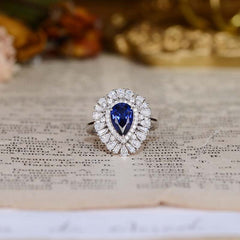Luxury Halo Pear Drop Lab Created Sapphires Ring