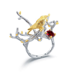 Creative Branches and Bird Natural Gemstone Silver Ring