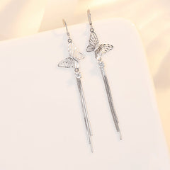 Hollow Butterfly with Zircon Tassel Earline Silver Drop Earrings for Women