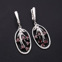Natural Garnet Garden Design Silver Drop Earrings for Women