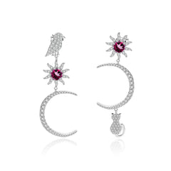 French Romantic Style Inlaid Colourful Gemston Bird and Cat with Moon Sun Silver Drop Earrings for Women