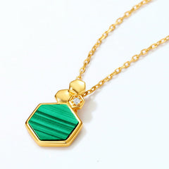 Hexagonal Green Malachite Honeycomb Sterling Silver Pendant