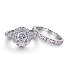 Round Zircon Double Soleste Halo with Half Eternity Pink Zircon Silver Ring Set
