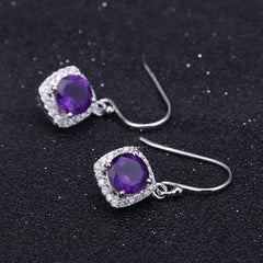 Natural Amethyst Soleste Halo Round Shape Silver Drop Earrings for Women