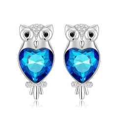 Owl Heart Shape Blue Zircon Silver Stud Earrings