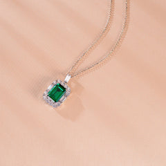 Halo 10 Carat Rectangle Synthetic Emerald Silver Necklace