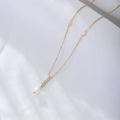 Geometric Tassel Pearl with Zircon Sterling Silver Necklace for Women