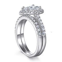 Pear Drop Zircon Soleste Halo with Half Eternity Silver Ring Set