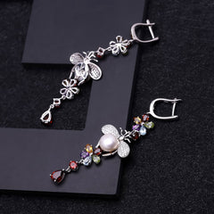 European Gemstones with Pearl Bee and Flower Design Silver Drop Earrings for Women