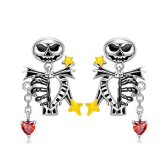 Halloween Skull Skeleton Tassel Heart Shape Red Zircon Silver Drop Earrings