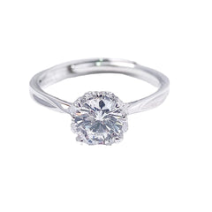 Four Heart-shape Prongs Round Zircon Flower Solitaire Silver Ring for Women