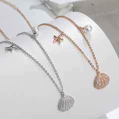 Zircon Shell Pendant with Pearl and Starfish Silver Necklace for Women
