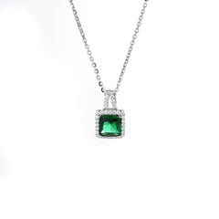 Soleste Halo Square Emerald Green Zircon Silver Necklace