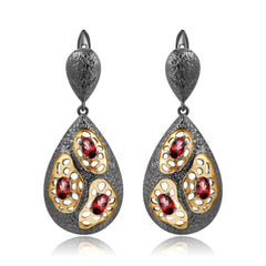 Italian Antique Style Inlaid Natural Colourful Gemstones Pear Drop Silver Earrings for Women