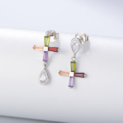 Water Drop Colourful Zircon Cross Asymmetric Silver Drop Earrings for Women