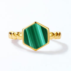 Hexagonal Green Malachite Honeycomb Opening Sterling Silver Ring