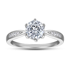 Round Zircon Six Prongs Cathedral Silver Ring
