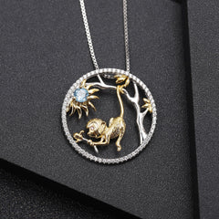 Chinese Style Element Design Zodiac Series Monkey Natural Gemstone Pendant Silver Necklace for Women