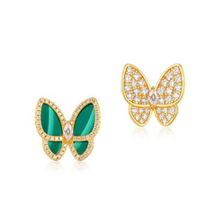 Zircon and Malachite Asymmetric Butterfly Sterling Silver Stud Earrings