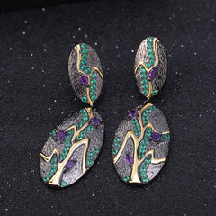 Italian Style Inlaid Natural Amethyst Tree Oval Shape Silver Drop Earrings for Women