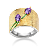 Golden Vintage Natural Amethyst Tulip Wide Silver Ring