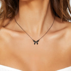 Double Black Snake Head Butterfly Shape Pendant Silver Necklace