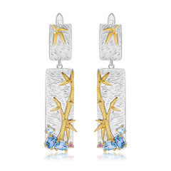 Natural Colour Gemstones Renctangle with Bamboo Sterling Silver Drop Earrings for Women
