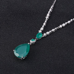 European Style Inlaid Natural Green Agate Three Prongs Pear Drop Pendants Silver Necklace for Women
