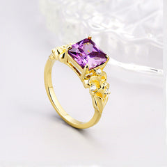 8*8mm Purple Princess Cut Zircon Cathedral Silver Ring for Women