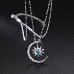 French Romantic Design Inlaid Natural Topaz Moon Sun Pendant Silver Necklace for Women