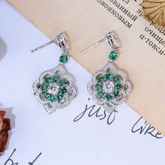 Lab-Created Emerald Flower Silver Drop Earrings
