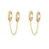 Zircon Double Ear Hole Round Buckle Silver Chain Earring for Women