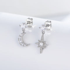 Zircon Star Moon Asymmetric Silver Drop Earrings for Women