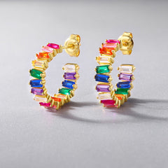 C Shape Rectangle Rainbow Zircon Silver Stud Earrings