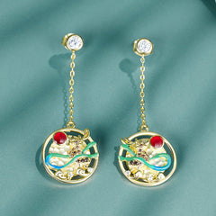 Coloured Deer Tassel Round Pendant Zircon Sterling Silver Drop Earrings