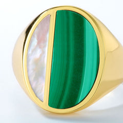 Malachite and Mother of Pearl Exaggerated Oval Shape Sterling Silver Ring