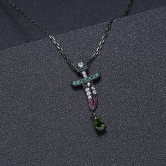 Dark Retro Element Style Inlaid Natural Colourful Gemstone Personality Pocket Knife Pendant Silver Necklace for Women