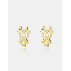 Cute Deer with Zircon and Pearl Silver Studs Earrings for Women
