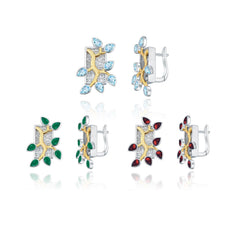 Natural Colourful Gemstones Flower and Branch Rectangle Silver Studs Earrings for Women