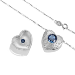 Sandblasting Pattern Heart Shape Pendant Round Cut Blue Zircon Silver Necklace