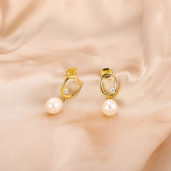 Irregular Hollow Oval with Freshwater Pearl Silver Drop Earrings for Women