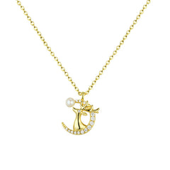 Zircon Moon Elk with Pearl Silver Necklace for Women