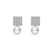 Full Zircon Square with Freshwater Pearl Silver Stud Earrings for Women