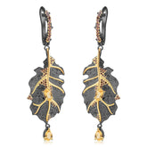 Italian Design Inlaid Natural Crystal Leaf Shape Silver Drop Earrings for Women
