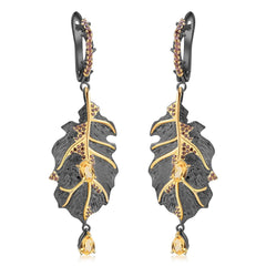 Italian Design Inlaid Natural Crystal Leaf Shape Silver Drop Earrings for Women
