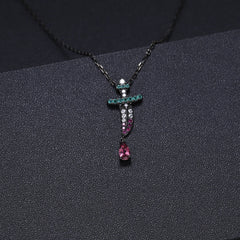 Dark Retro Element Style Inlaid Natural Colourful Gemstone Personality Pocket Knife Pendant Silver Necklace for Women