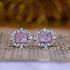 Petals Halo Rectangle Pink Zircon Stud Earrings