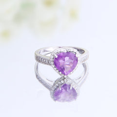 Natural Amethyst Heart Soleste Halo Silver Ring for Women